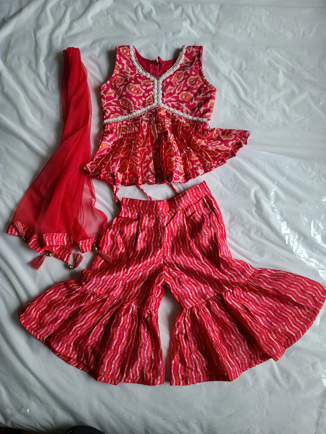 Kids Red Sharara Set with Dupatta - Size - 1 year old