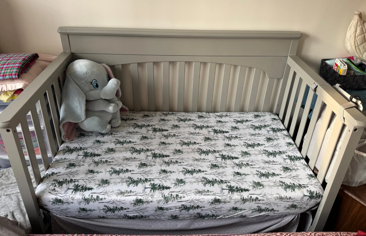 Grey Crib with Woodland Tree Print Sheet