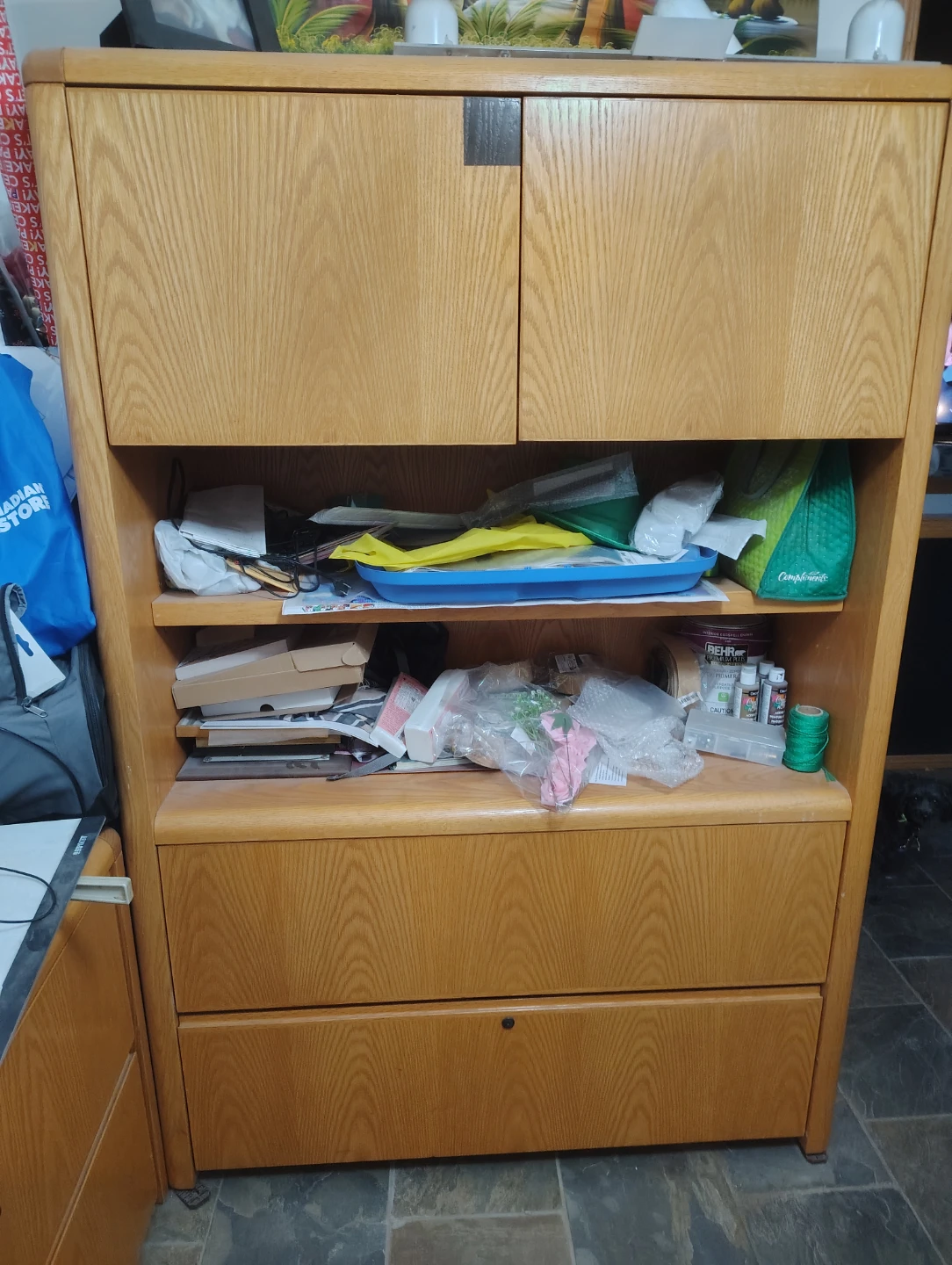Solid oak Desk with Hutch and Filing Cabinet