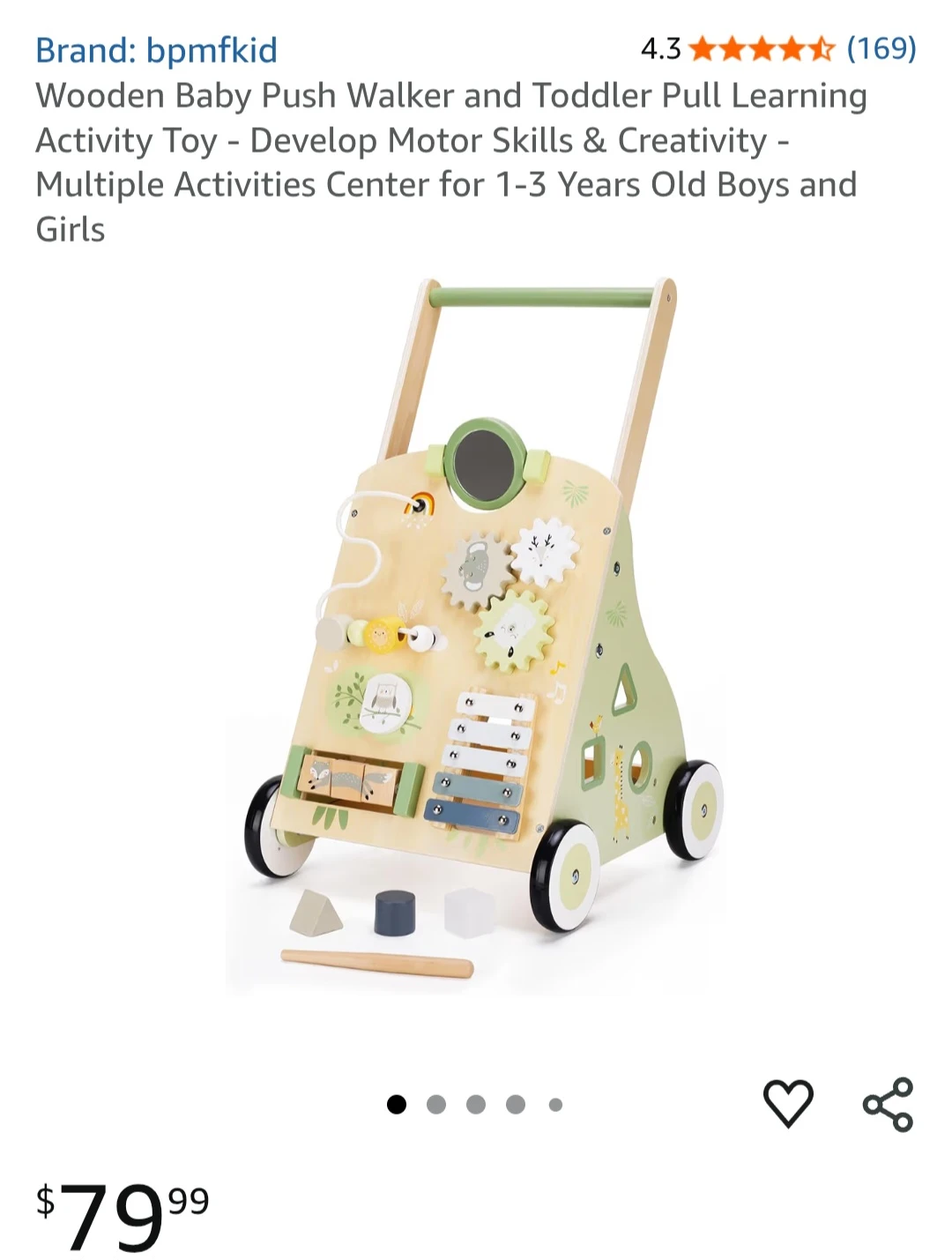 Wooden Baby Push Walker and Toddler Pull Learning Activity Toy