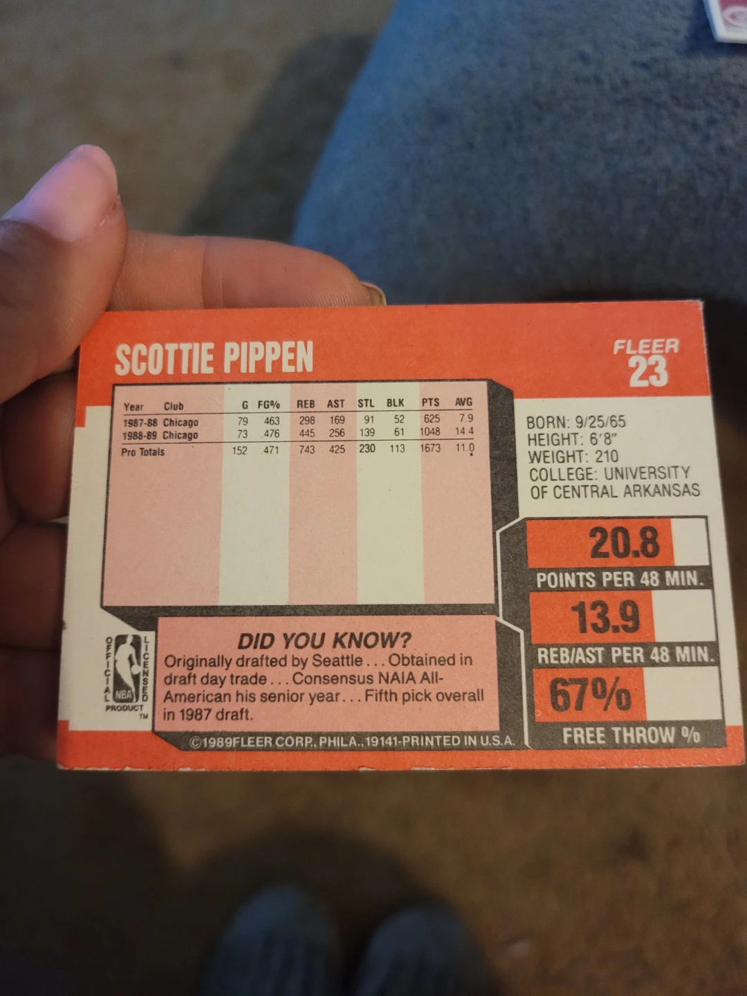 1989 Fleer Scottie Pippen Chicago Bulls #23 Basketball Card - photo 2