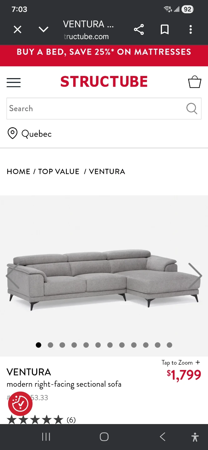 Structube Ventura Modern Right-Facing Sectional Sofa - Grey