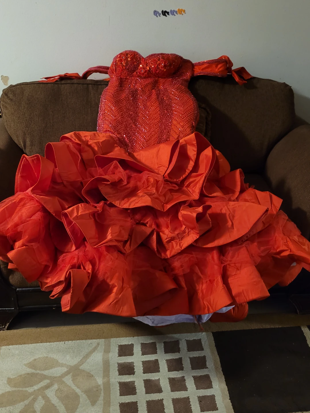Red Off-the-Shoulder Beaded Ruffle Gown - photo 5