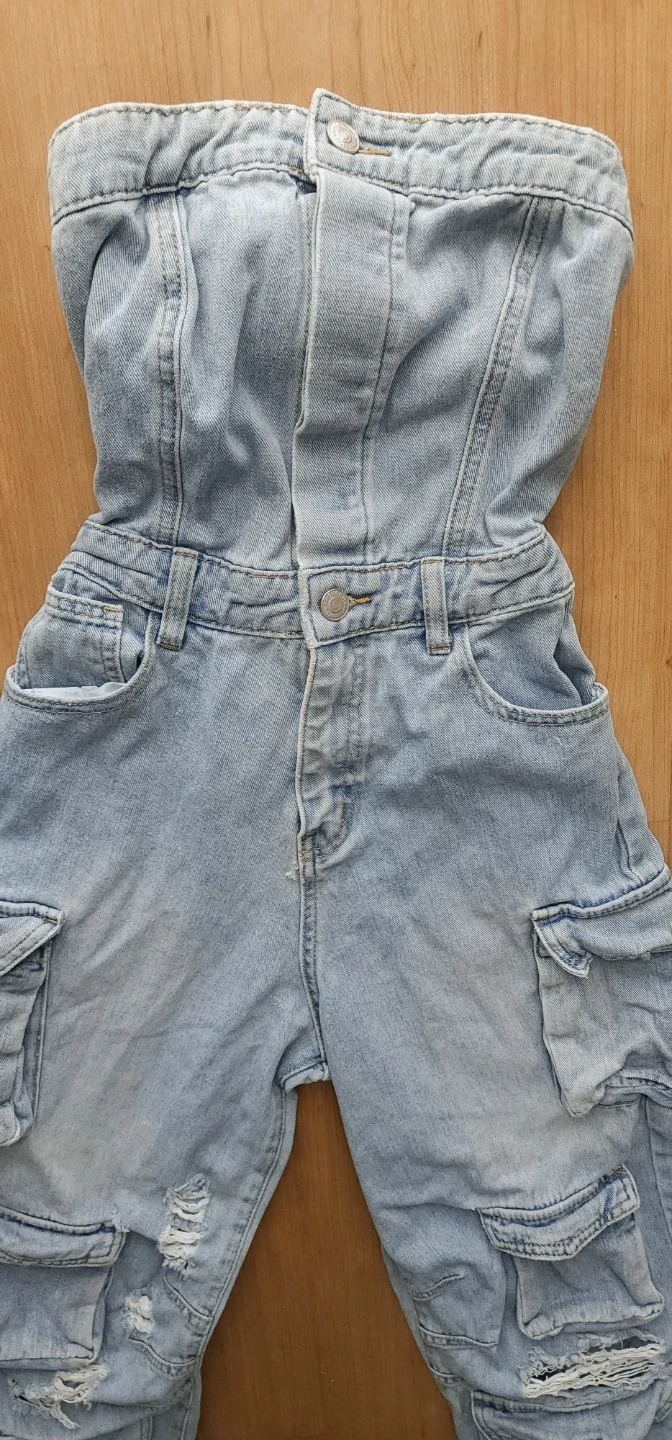 Y2K Denim Cargo Jumpsuit — Light Wash Tube Top —Size M (NWOT)