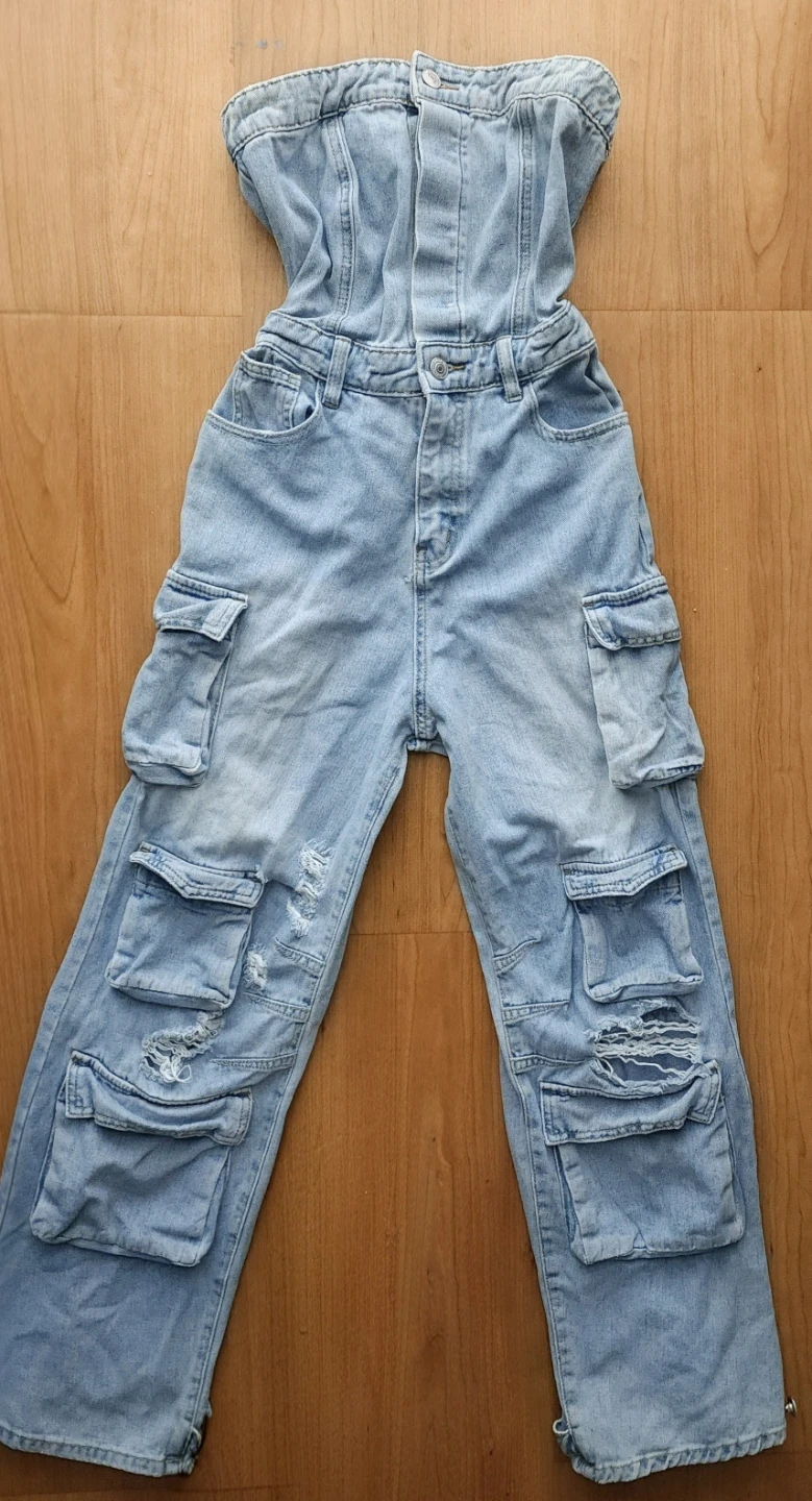 Y2K Denim Cargo Jumpsuit — Light Wash Tube Top —Size M (NWOT) - photo 4