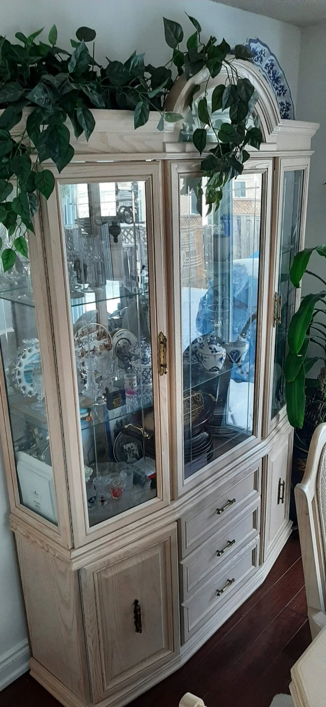 Light Wood China Cabinet with Glass Doors and Drawers