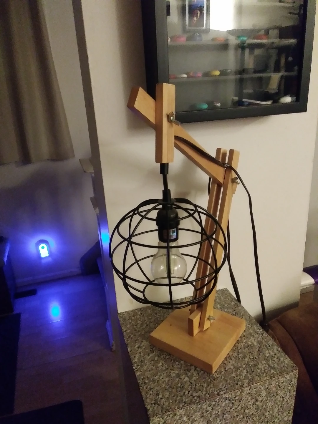 Wooden Desk Lamp with Black Metal Cage Shade - photo 2