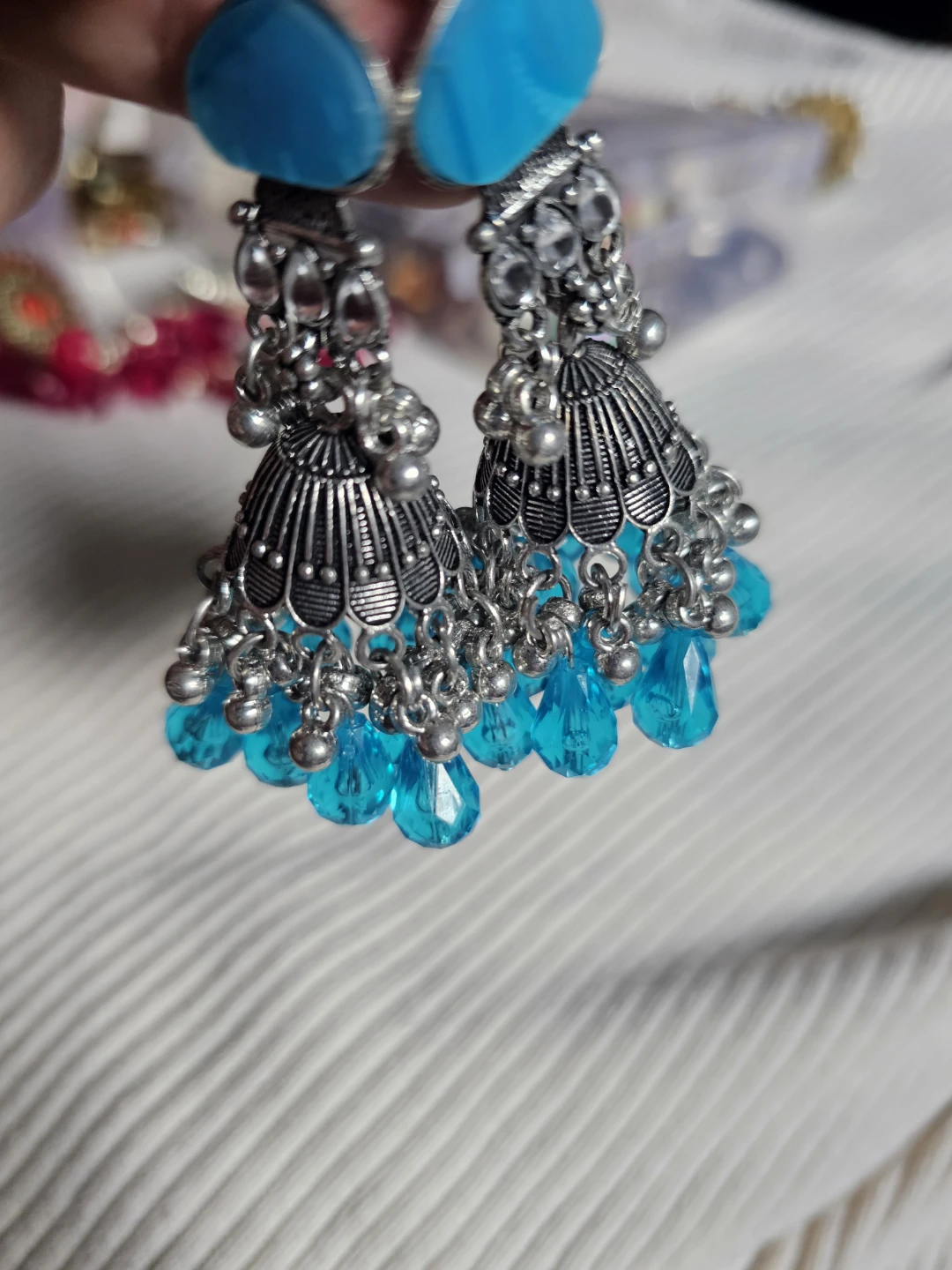 Silver Jhumka Earrings with Blue Beads - photo 2