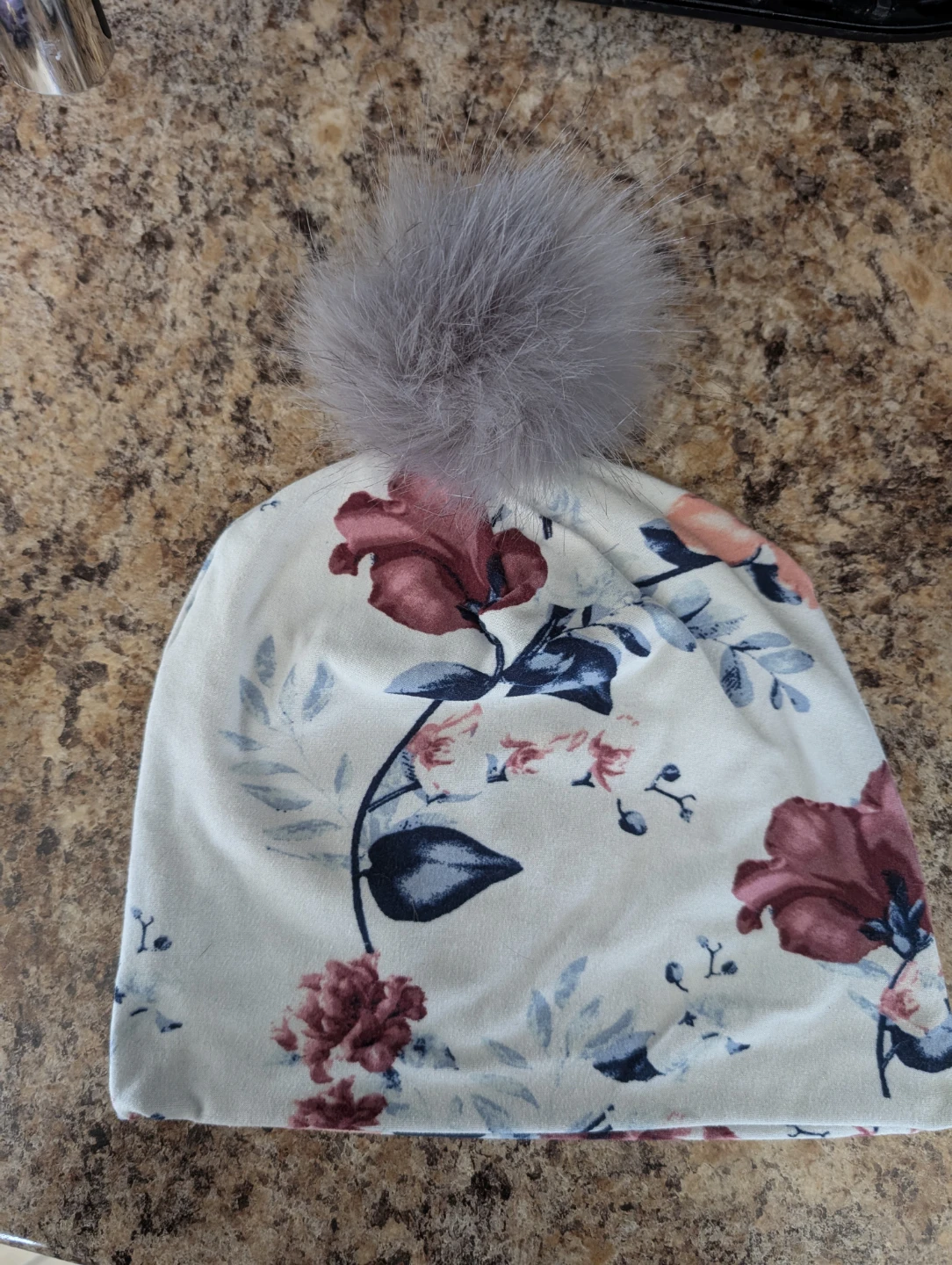 Floral Beanie with Faux Fur Pom - photo 2
