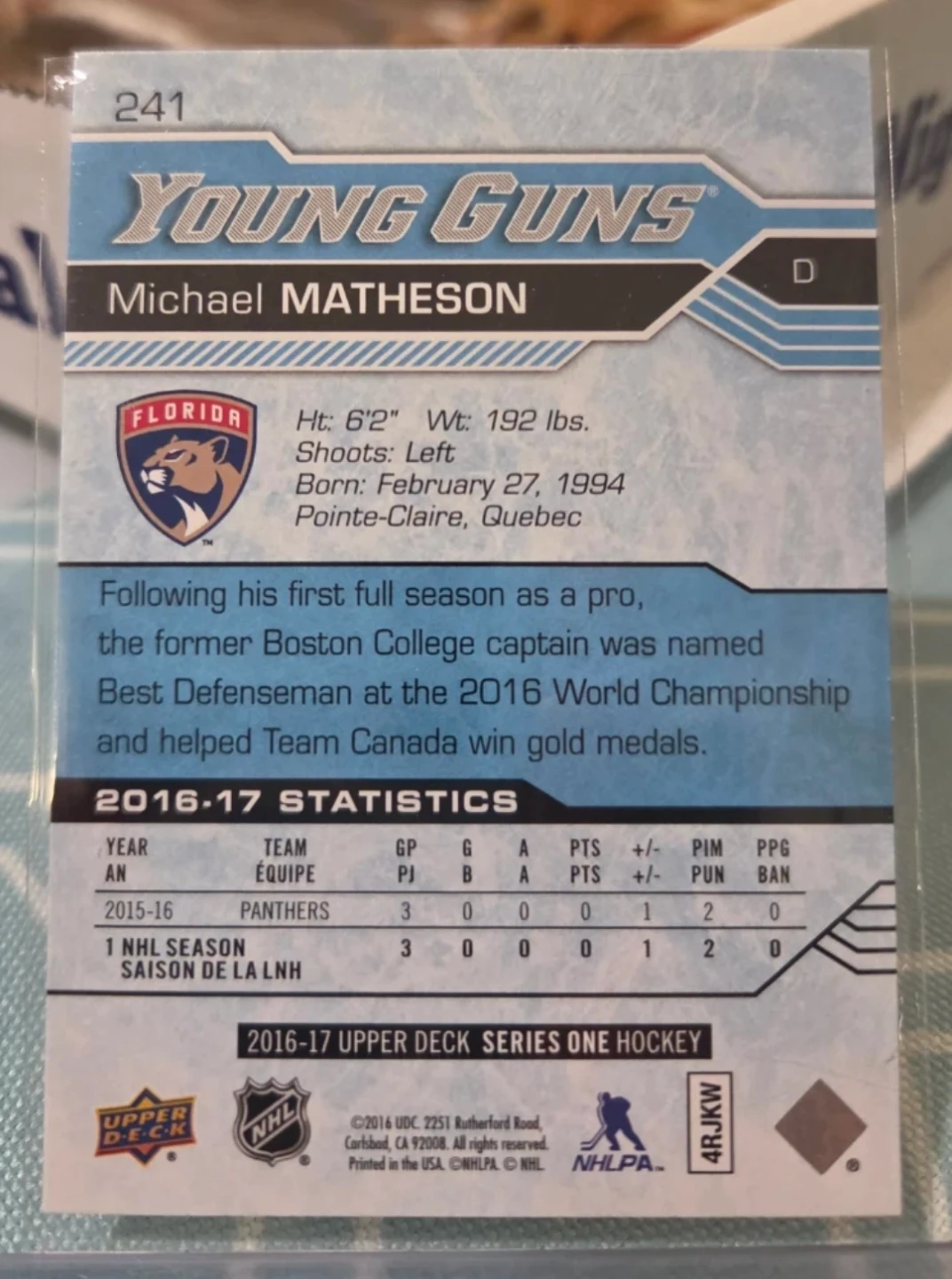 2016-17 Upper Deck Young Guns Michael Matheson Rookie Card - photo 2