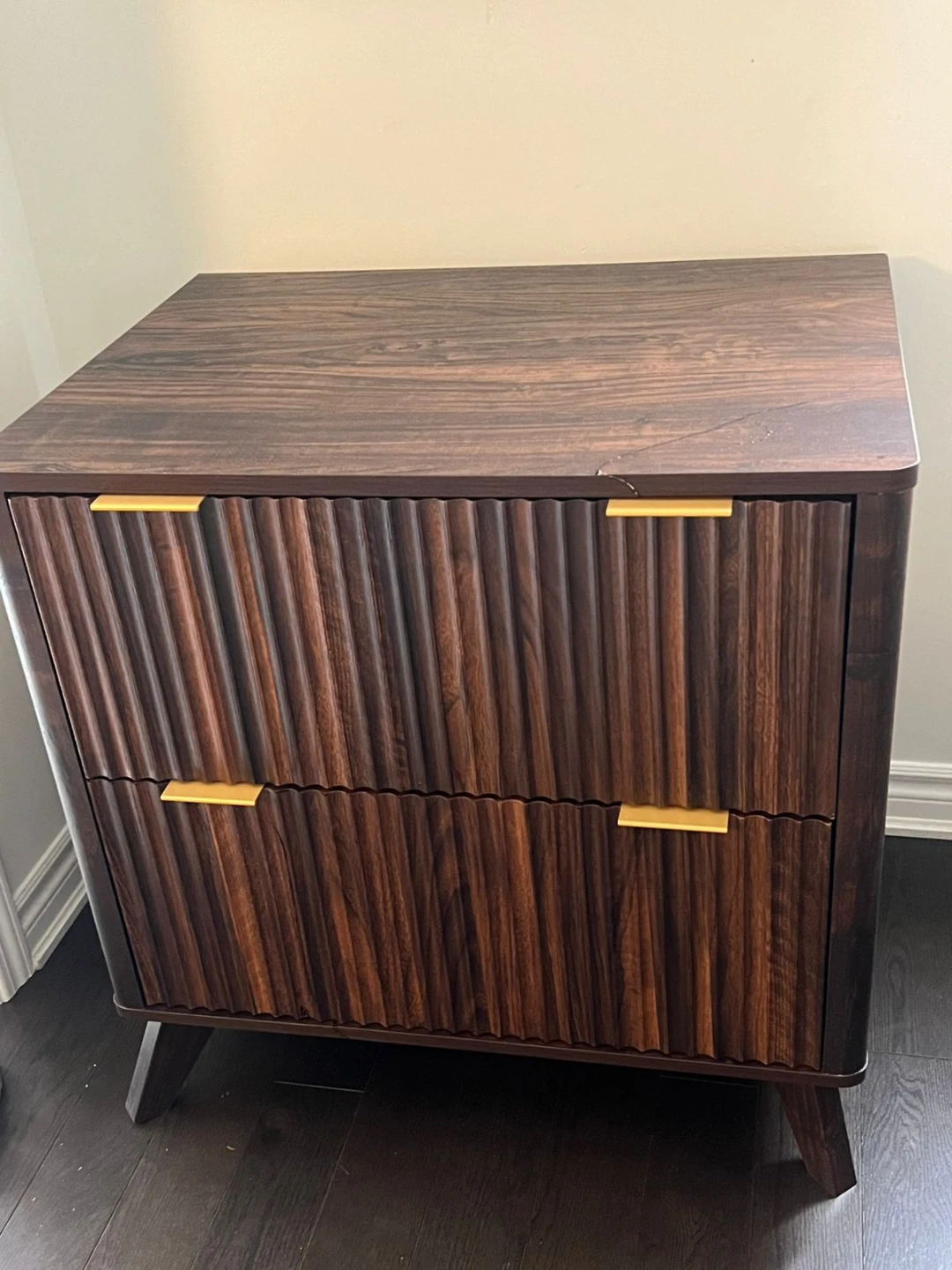 Dark Wood 2-Drawer Nightstand with Gold Handles
