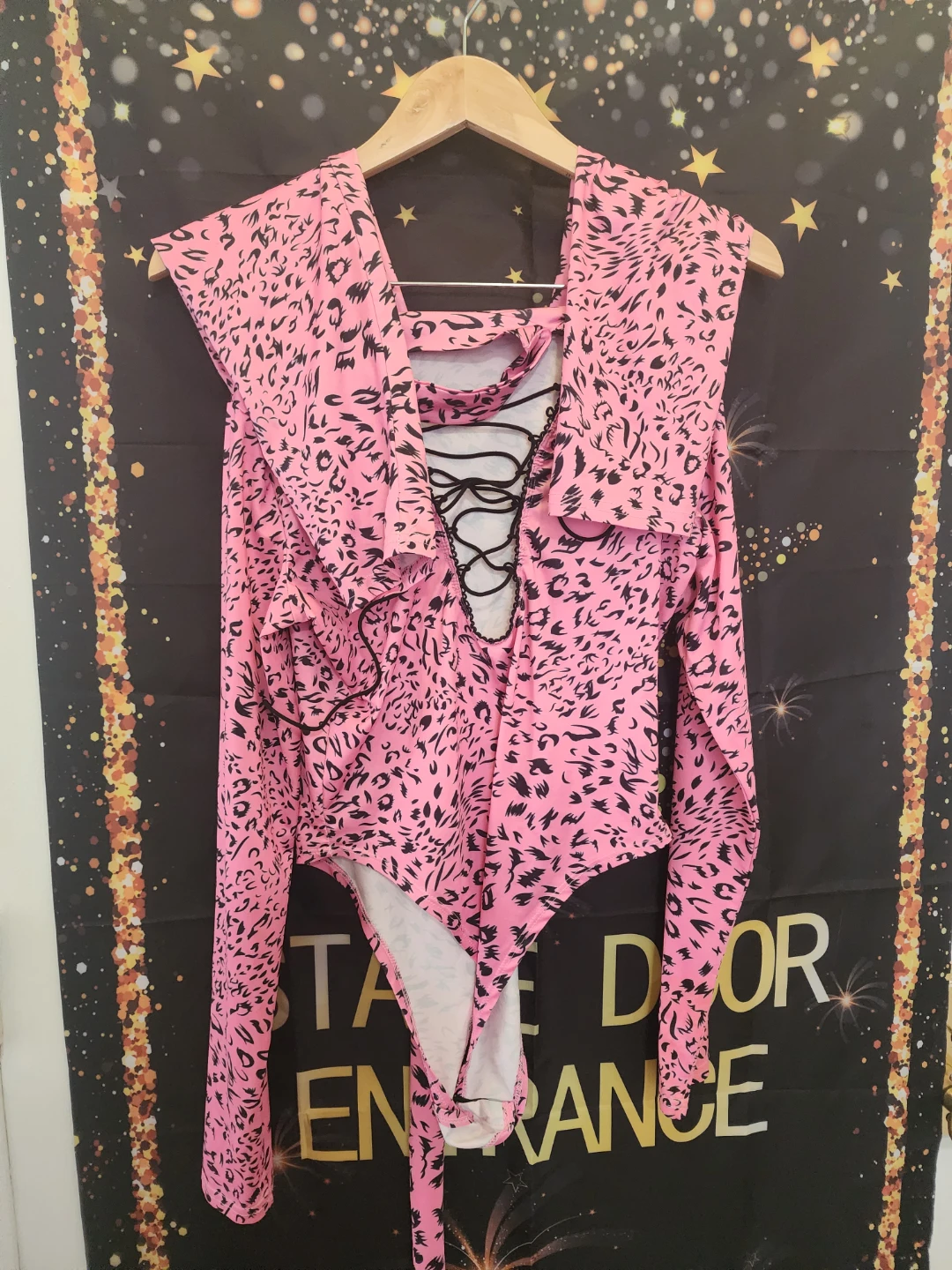 Pink Leopard Print Bodysuit with Lace-Up Detail - photo 3