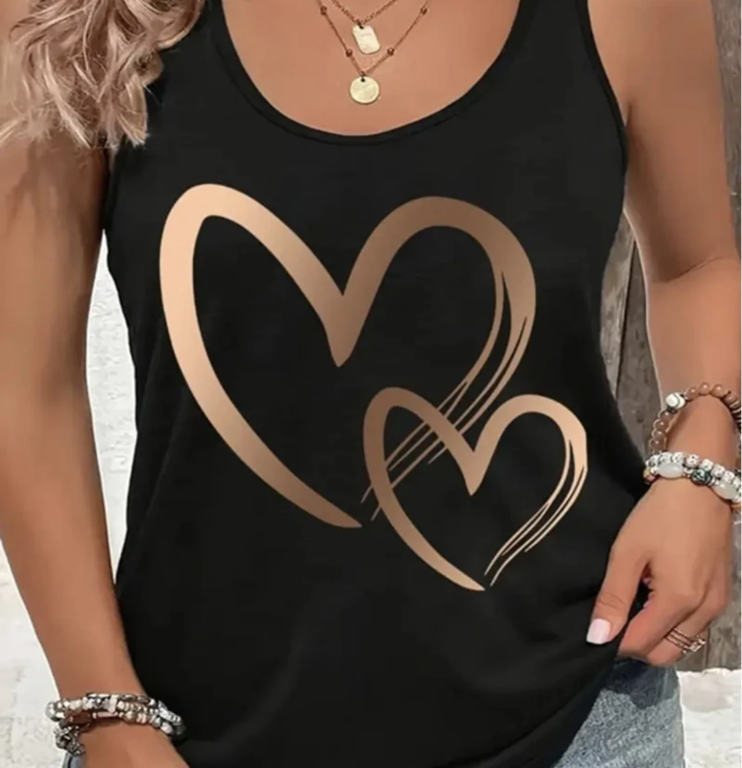 Black Tank Top with Rose Gold Heart Print