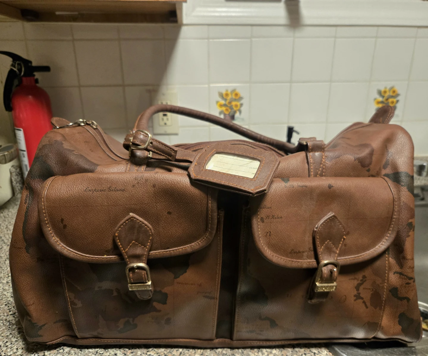 Brown Map Print Leather Weekender Bag