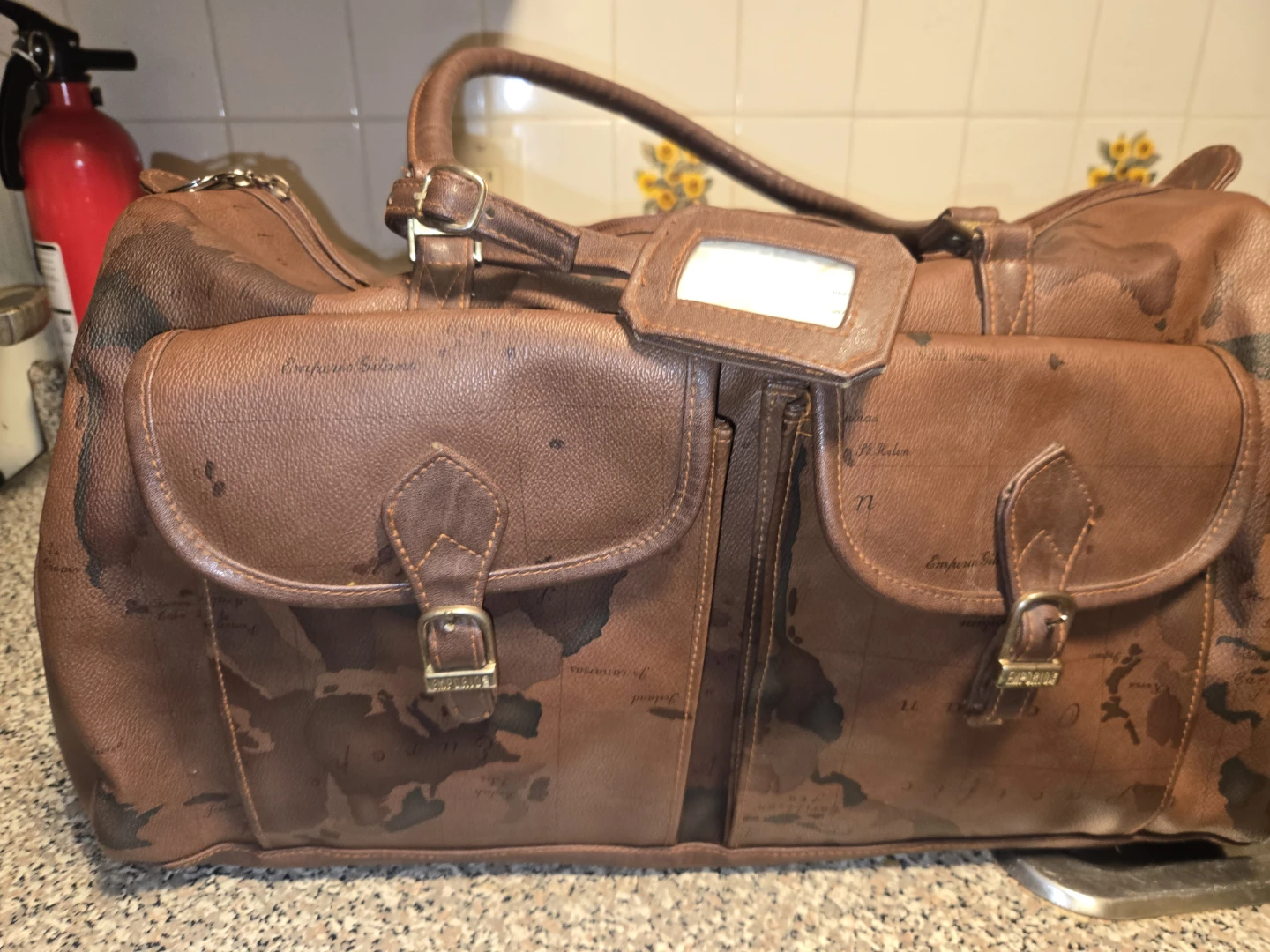 Brown Map Print Leather Weekender Bag - photo 2