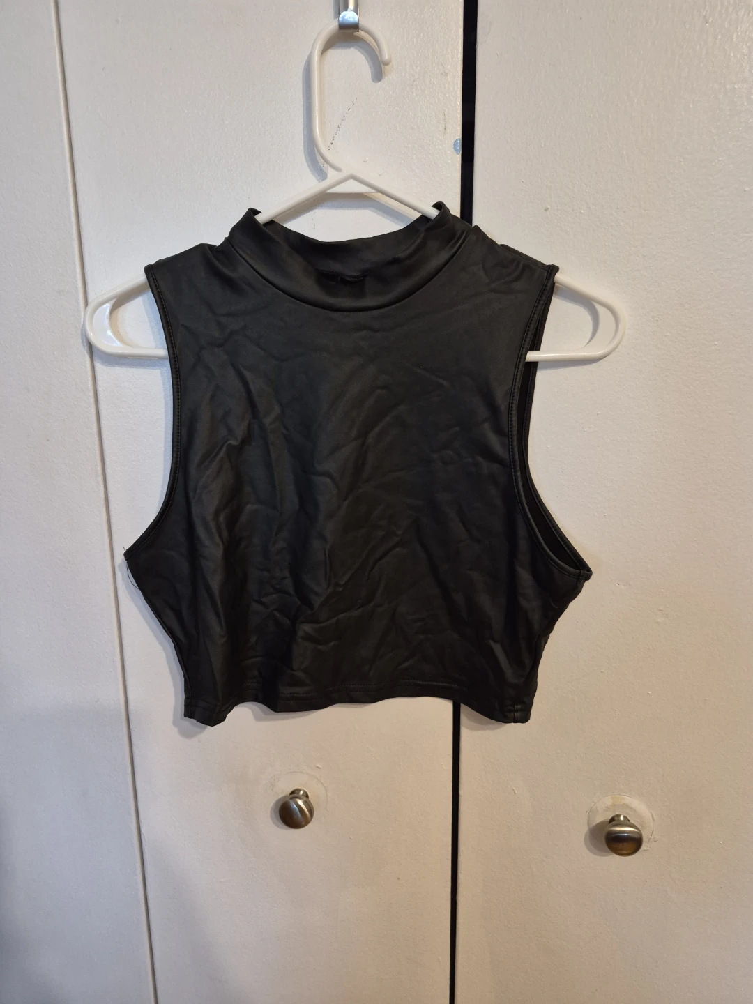Black Sleeveless Mock Neck Crop Top (pleather)