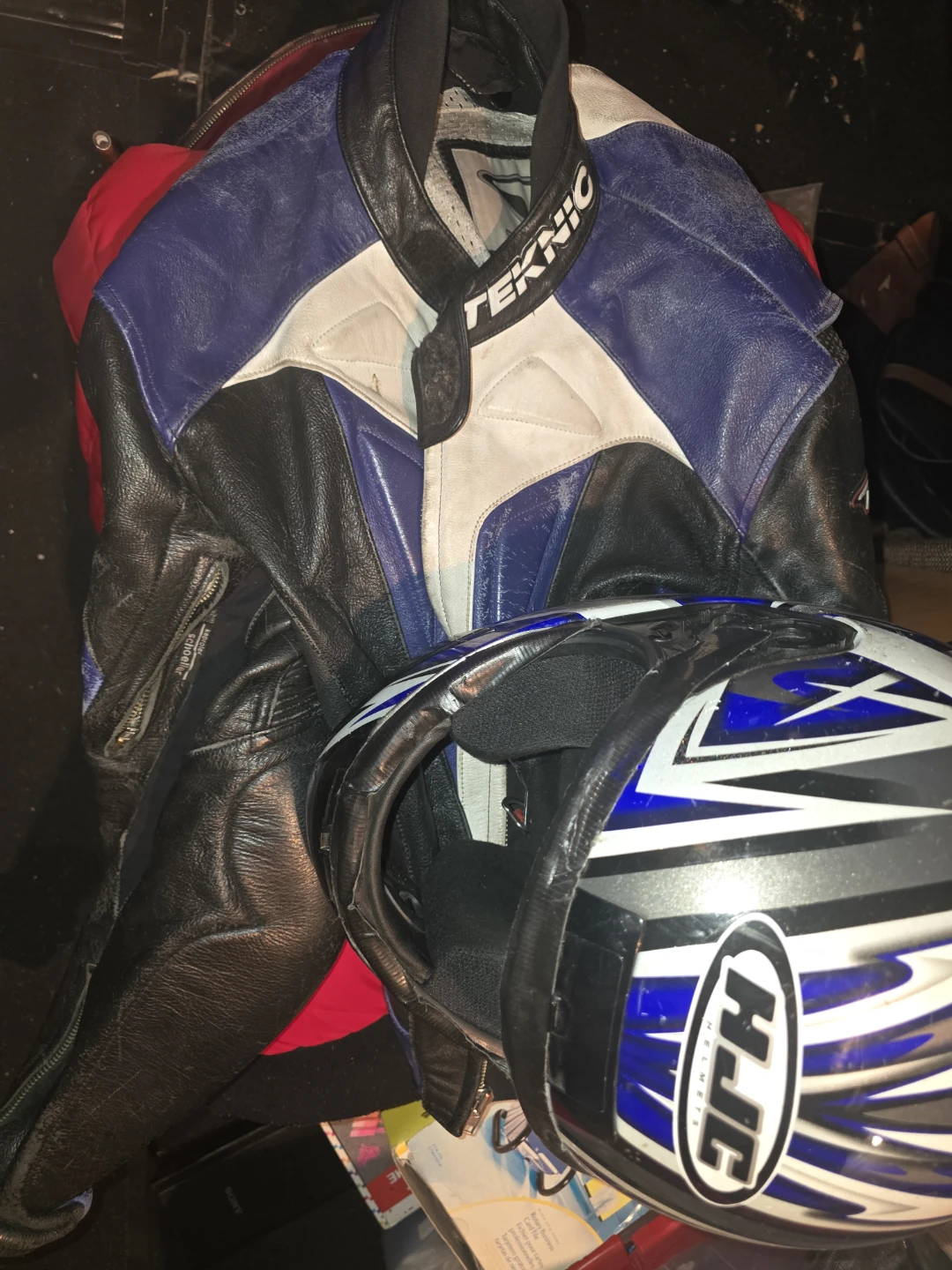 Teknic Leather Motorcycle Jacket and HJC Helmet