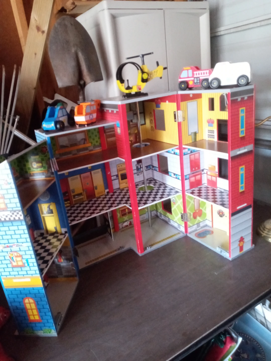 Wooden Fire Station and Town Building Playset with Vehicles