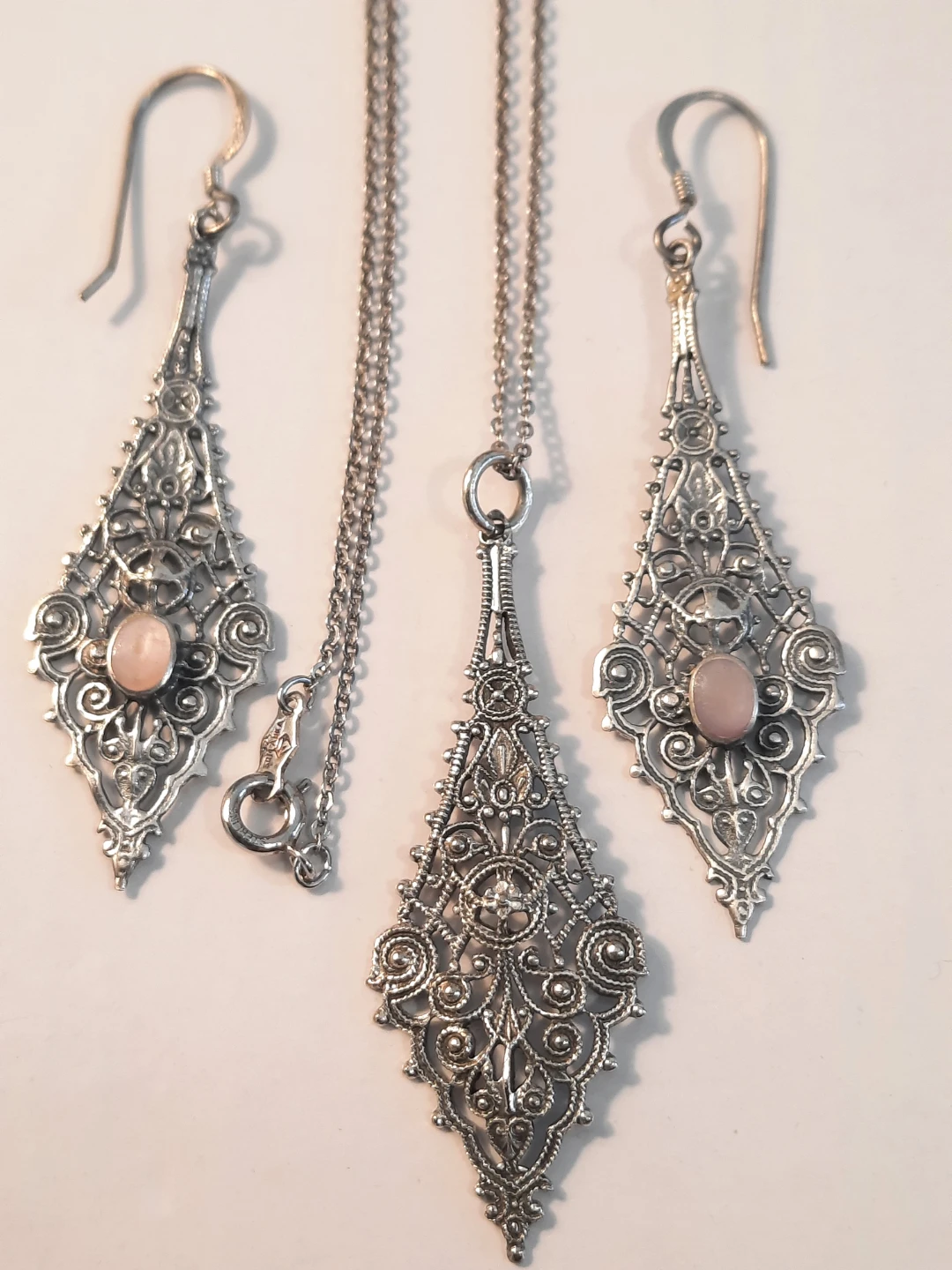 Sterling Silver Filigree Dangle Earrings & Pendant Necklace Set