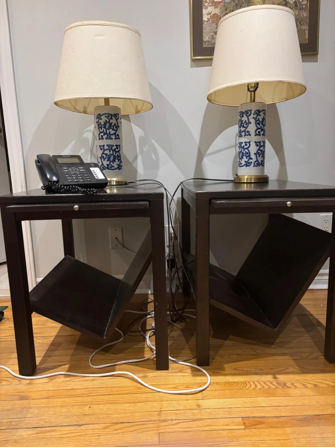 Blue and White Ceramic Table Lamp with Cream Shade