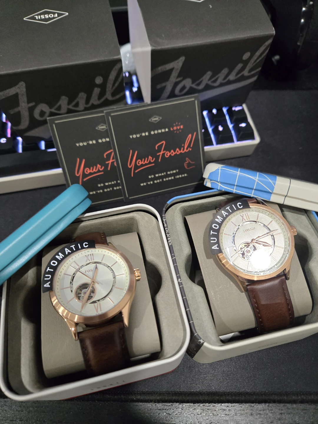 Fossil Automatic Rose Gold Tone Watch with Brown Leather Strap