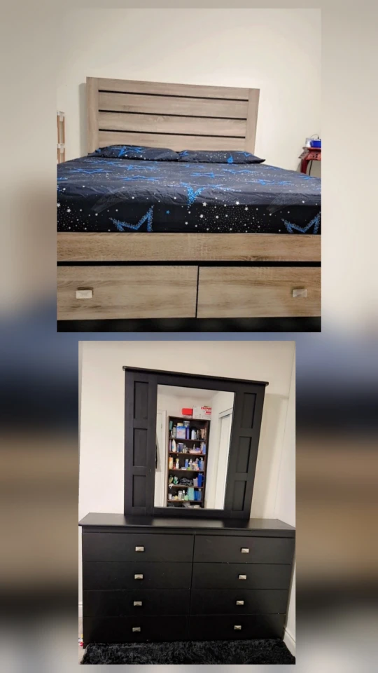 Queen size bed with mattress and a dresser