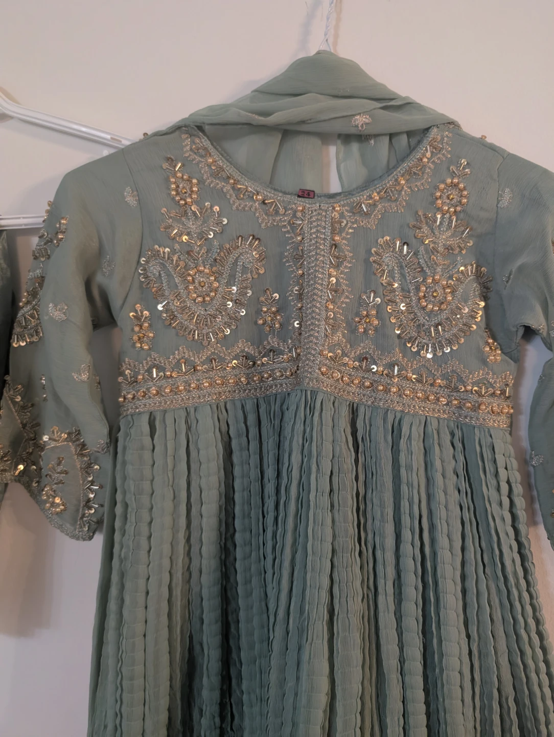 Girl's Embellished Teal Dress with Pants and Scarf - photo 3