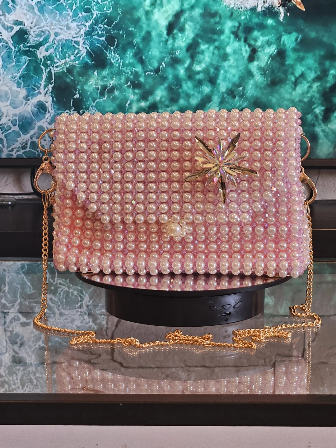 Pink Pearl Beaded Clutch with Star Accent