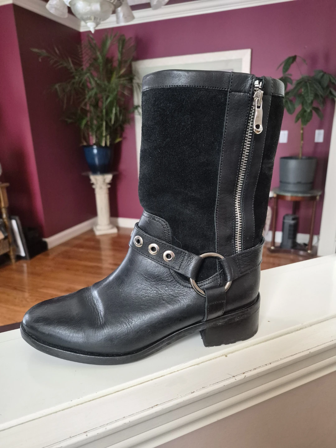Black Leather & Suede Motorcycle Boots Size 38
