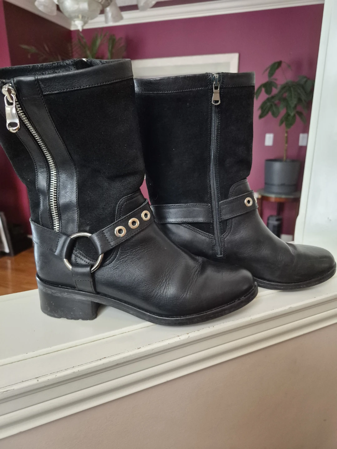 Black Leather & Suede Motorcycle Boots Size 38 - photo 2