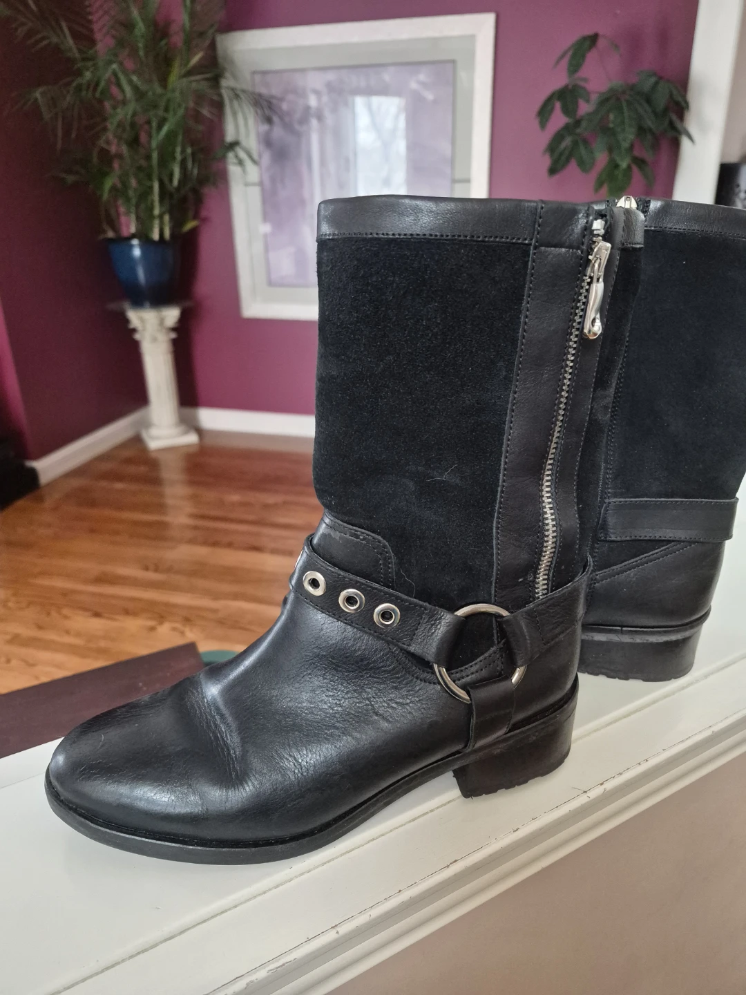 Black Leather & Suede Motorcycle Boots Size 38 - photo 3