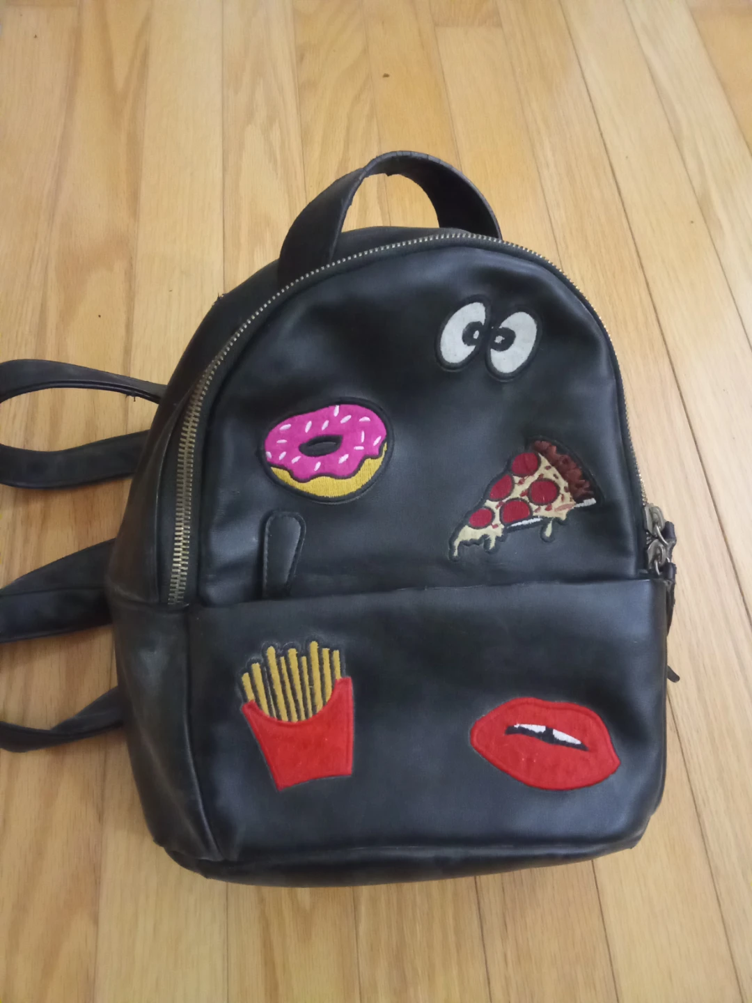 Black Faux Leather Mini Backpack with Food Patches