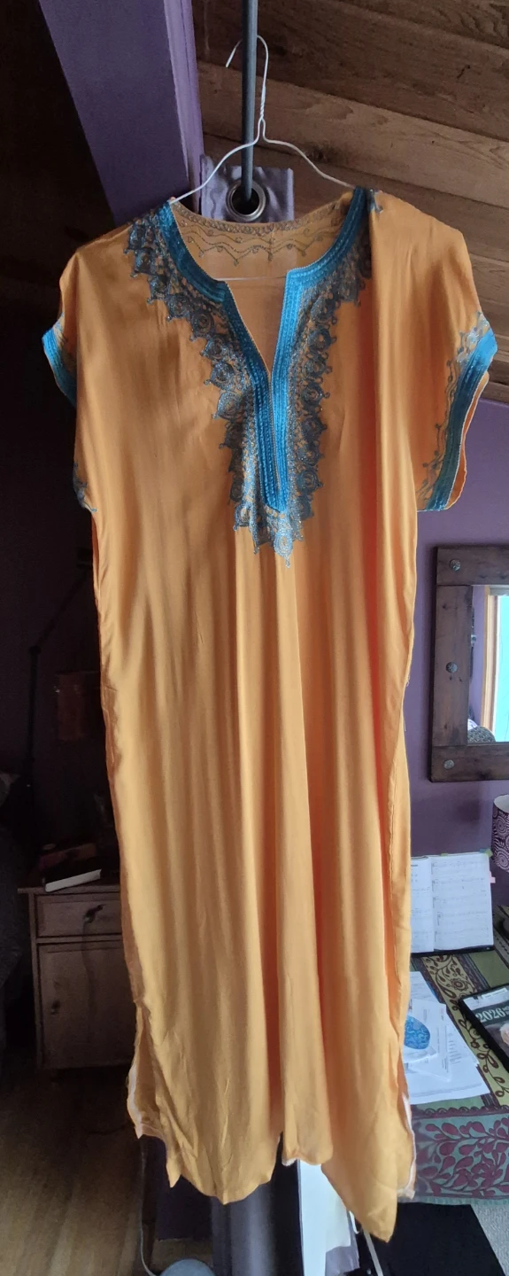 Orange Kaftan Dress with Blue Embroidery