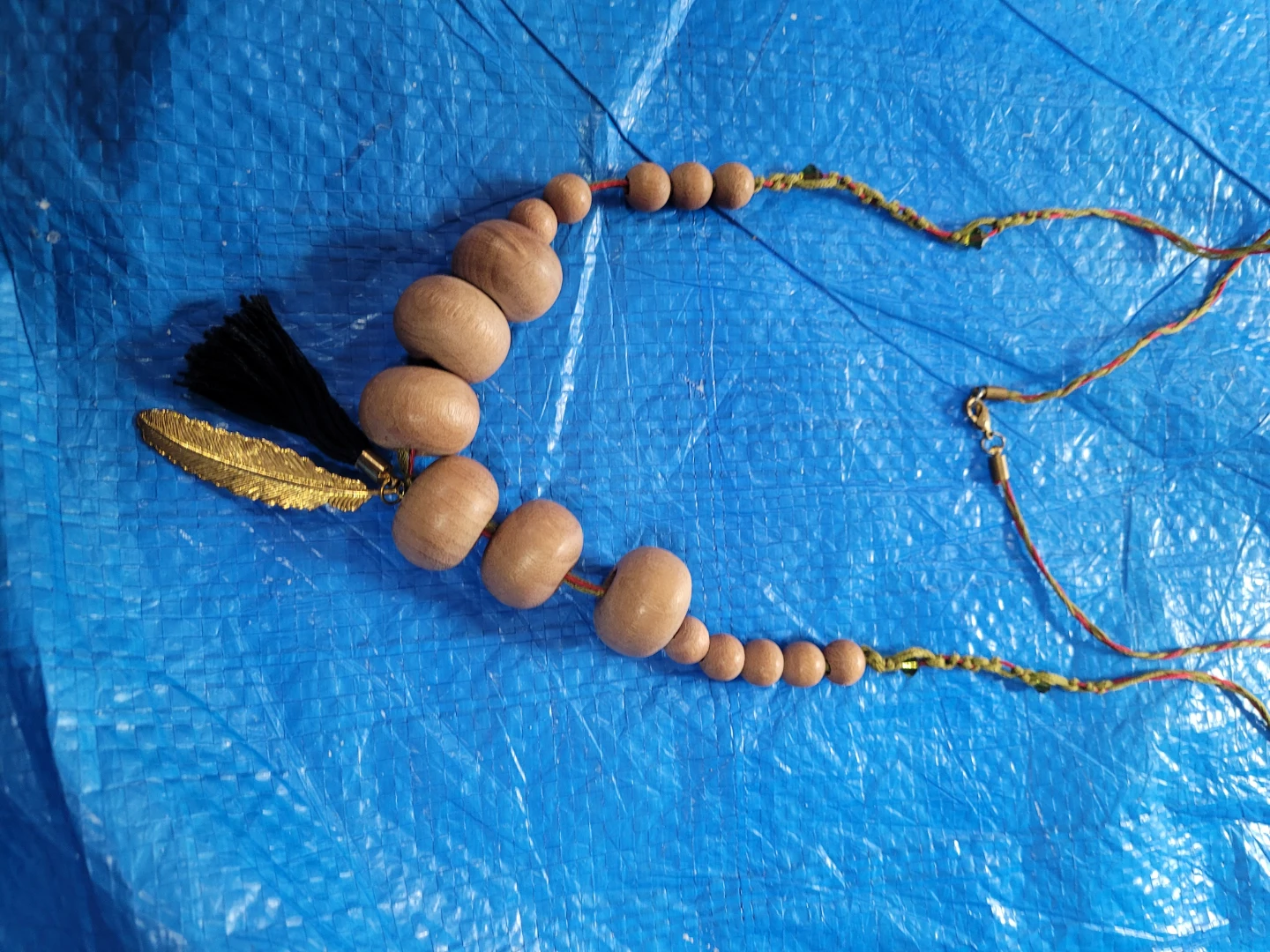 Wooden Bead Necklace with Feather Charm