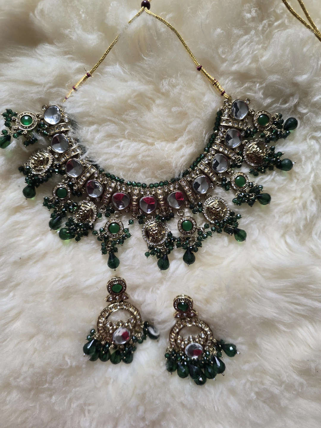Gold-toned Necklace and Earrings Set with Green Stones