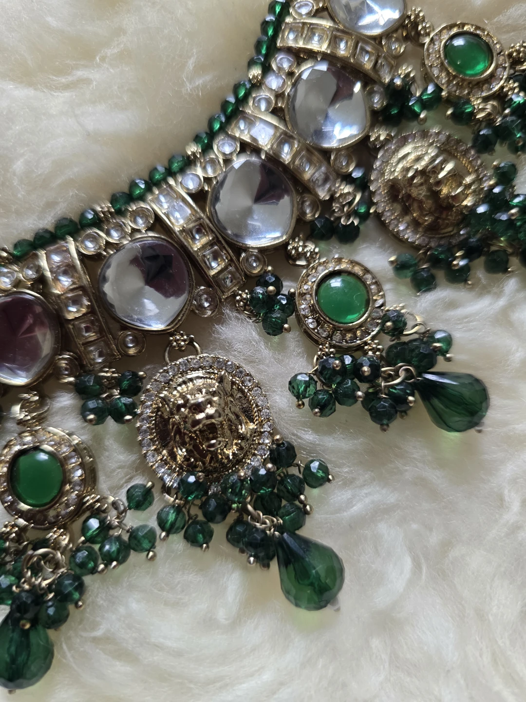 Gold-toned Necklace and Earrings Set with Green Stones - photo 2