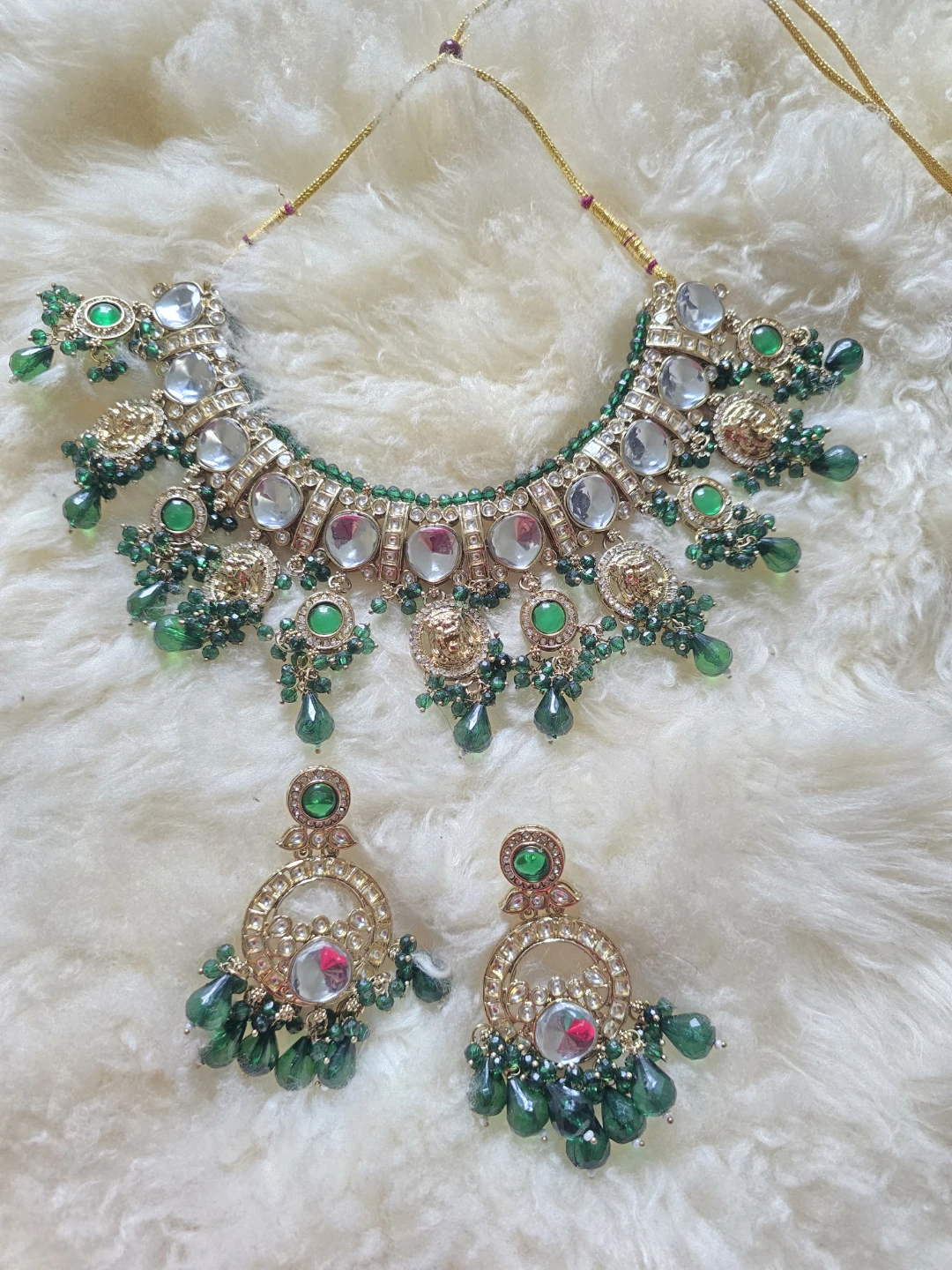 Gold-toned Necklace and Earrings Set with Green Stones - photo 3