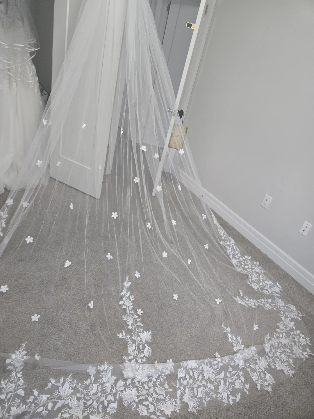 White Wedding Veil with Floral Lace and 3D Flowers
