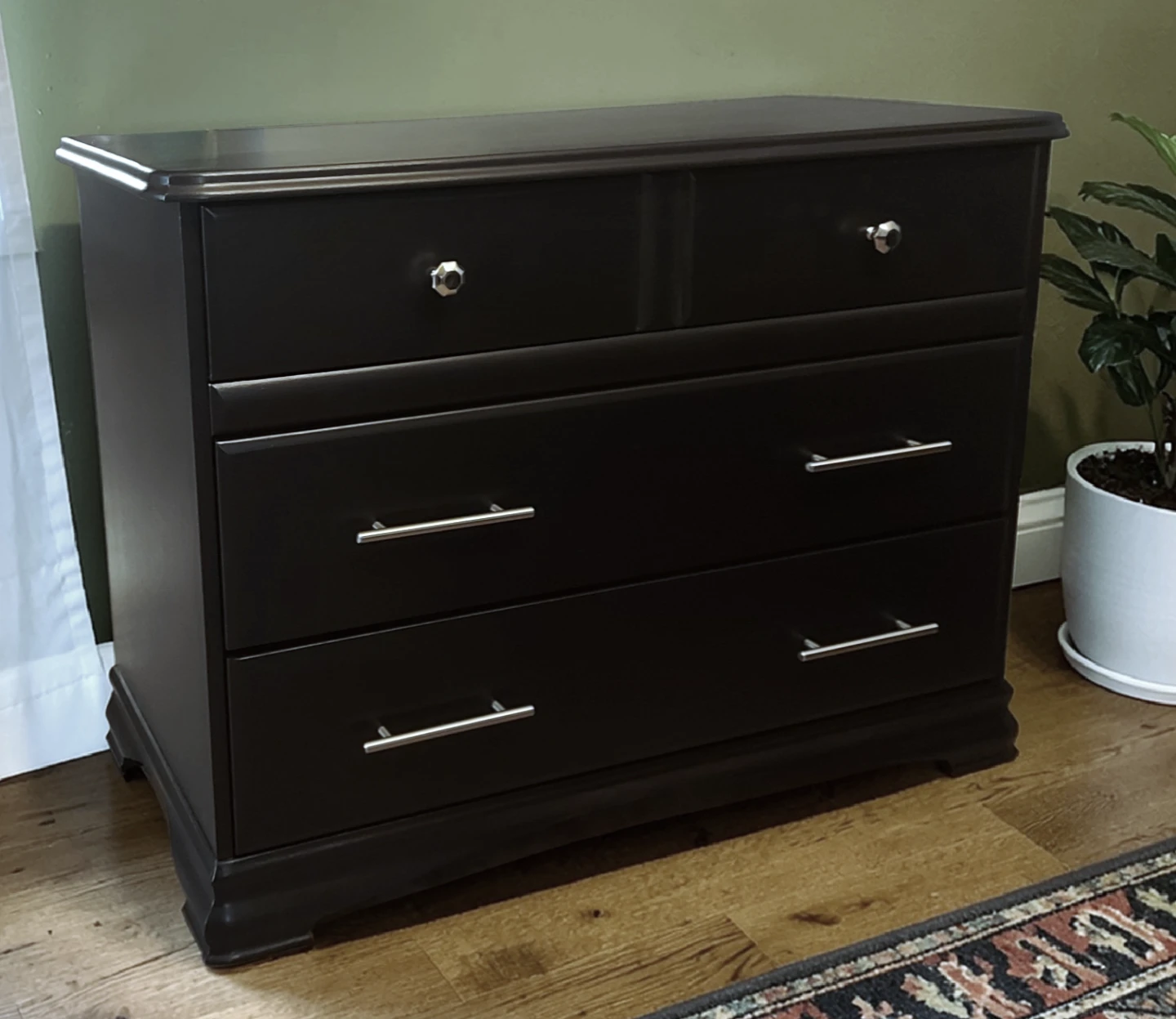 3 Drawer Dresser / Black Satin Finish / Solid Chrome Handles