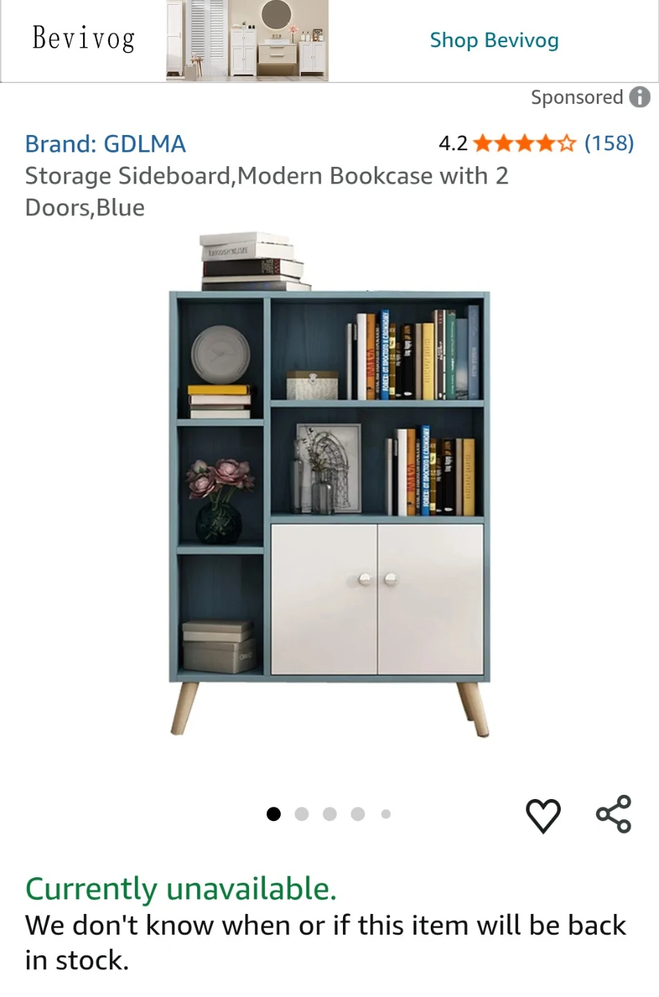 Storage Sideboard Bookcase with 2 Doors