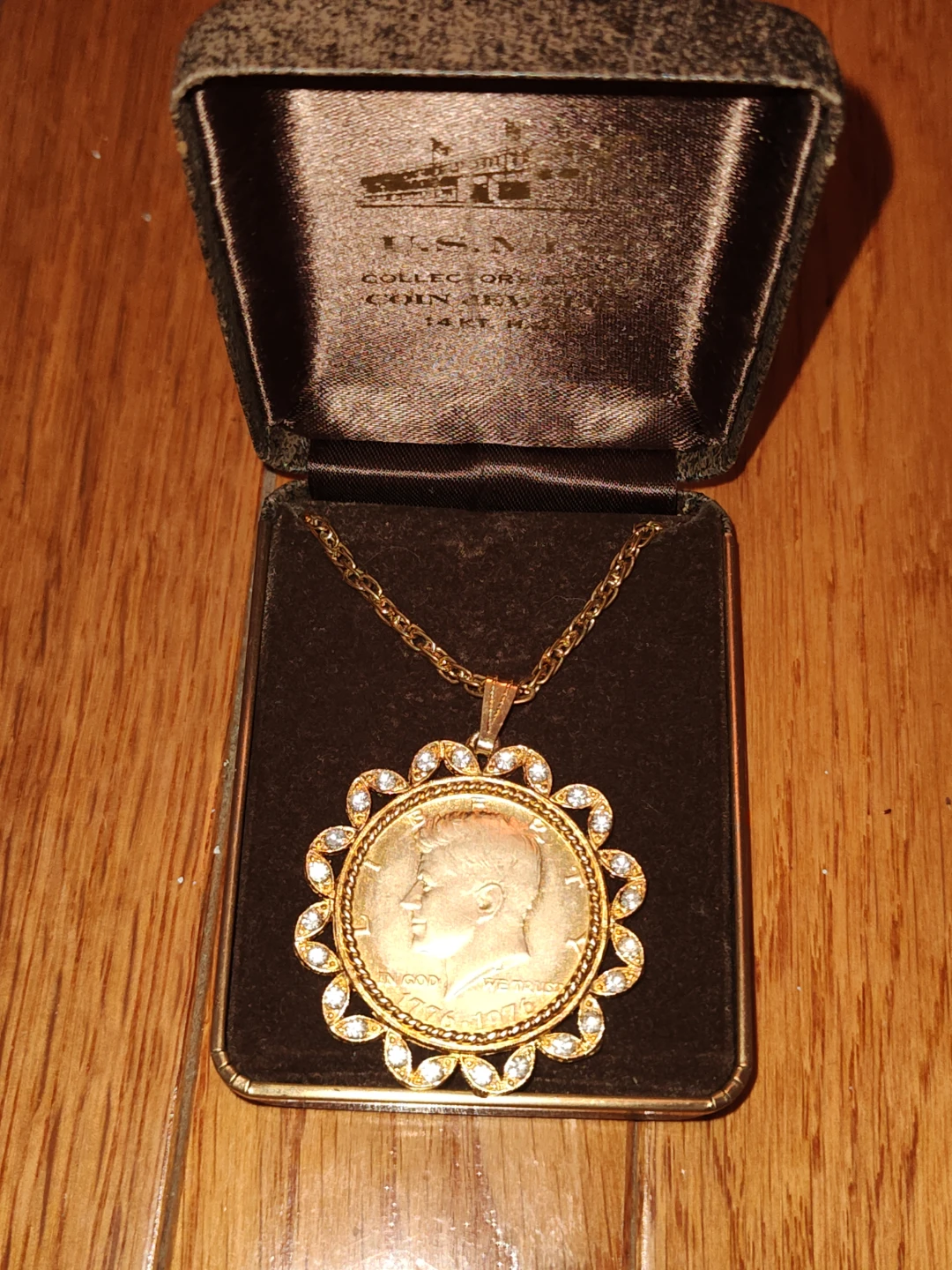 Kennedy Half Dollar Coin Pendant Necklace with Rhinestones