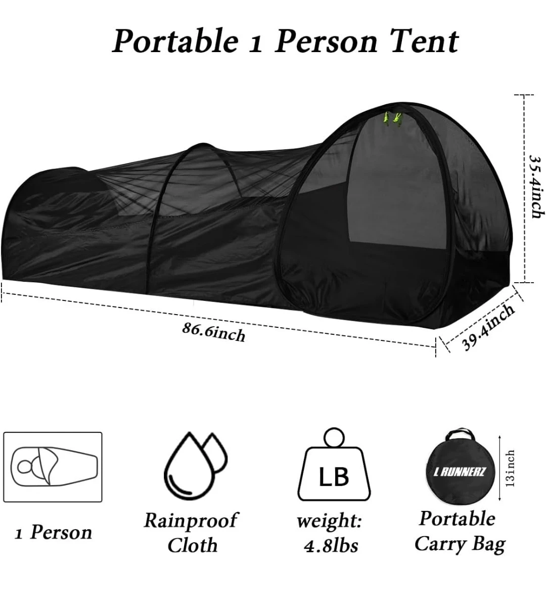 L RUNNERZ Portable 1 Person Tent - Black - photo 3