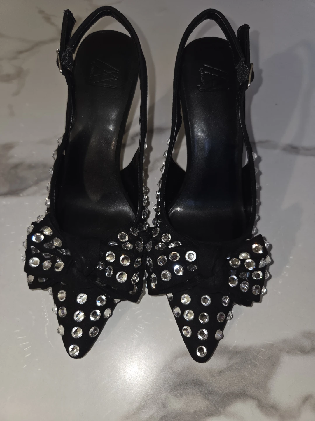 Aaj By Amina Women's Black Rhinestone Bow Slingback Heels