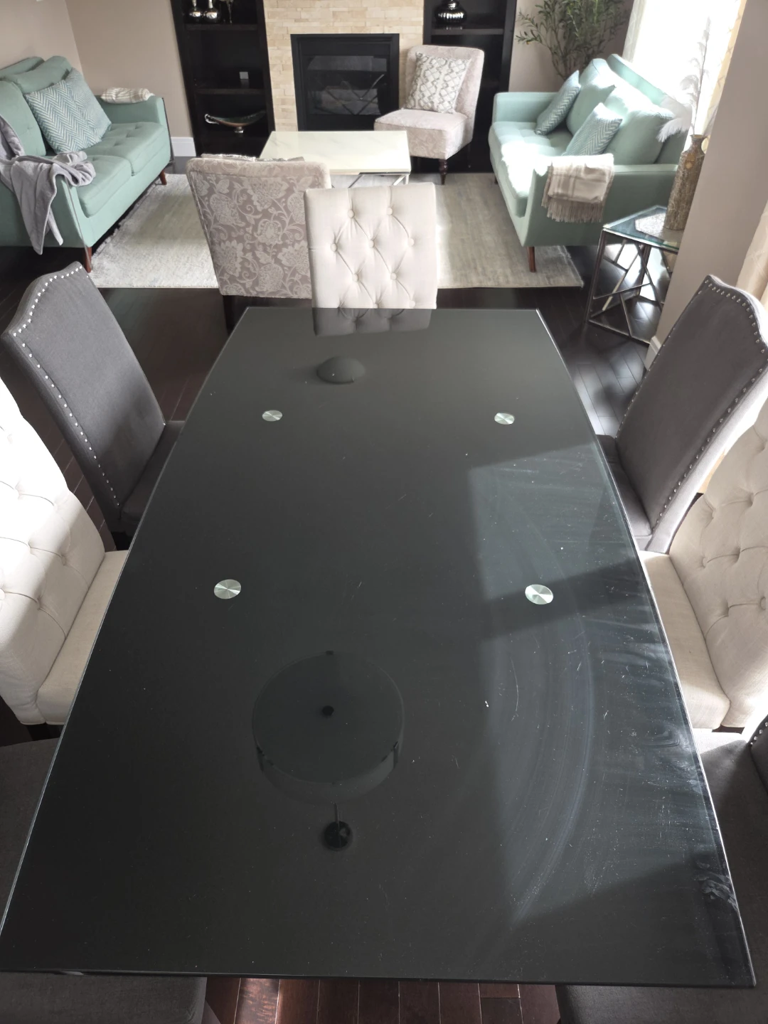 Black Glass Dining Table with Chairs... Base is cracked