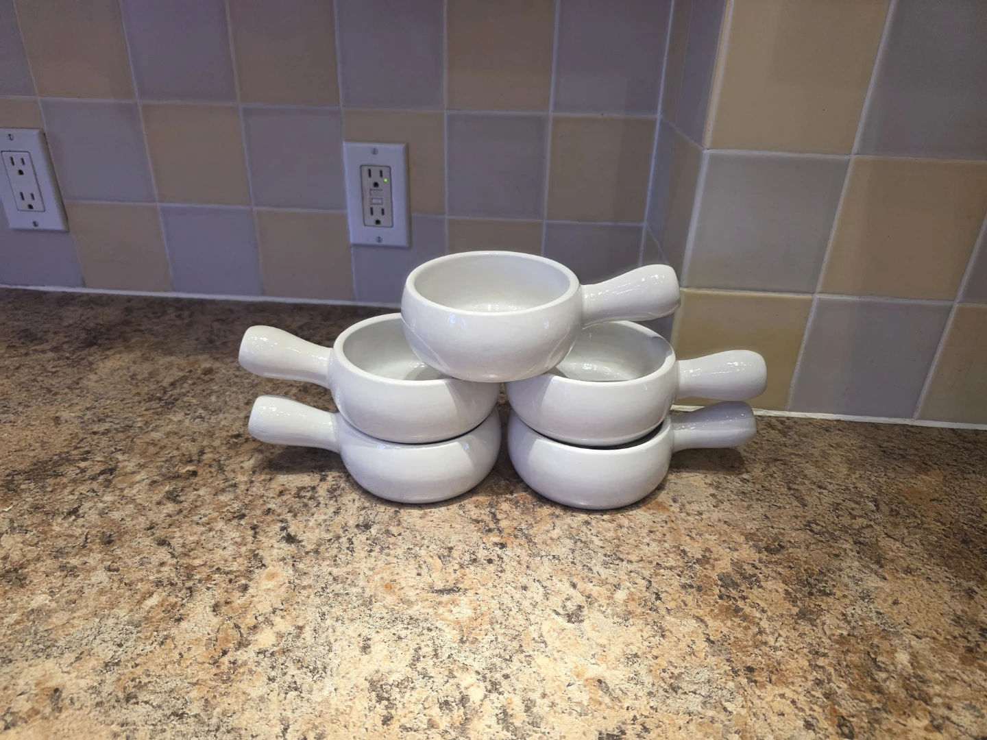 Set of 5 White Ceramic Onion Soup Crocks Bowls