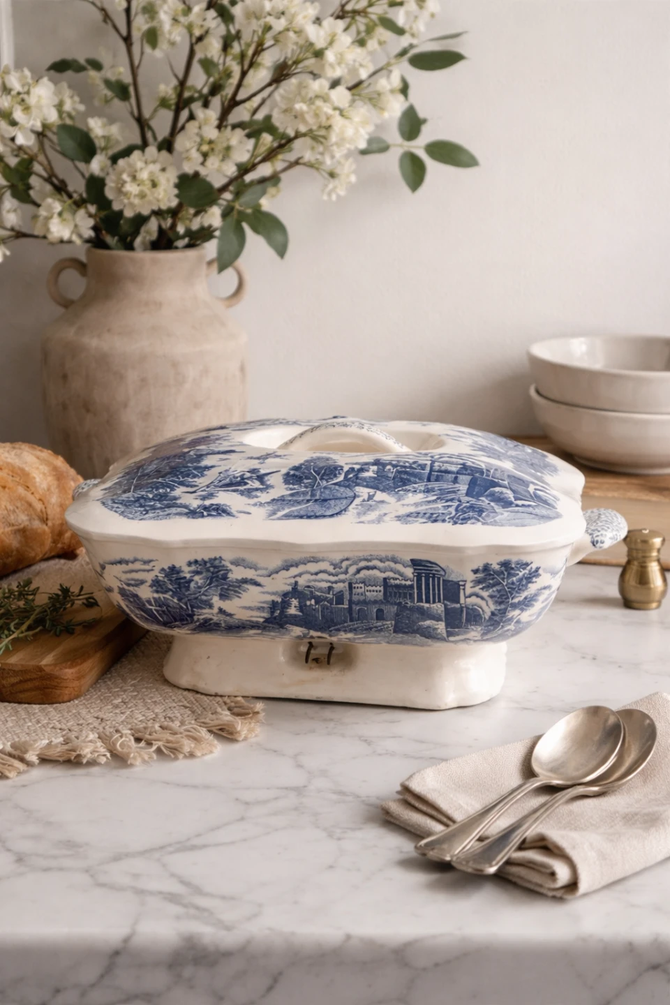 Vintage Blue and White Scenery Covered Dish