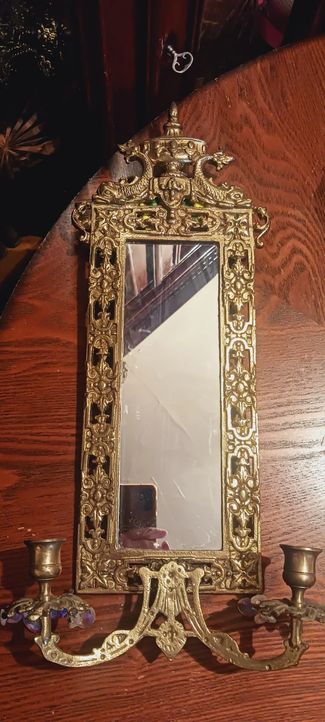 Antique Ornate Gold Gilt Bronze Mirror with Candlestick Holders - photo 4