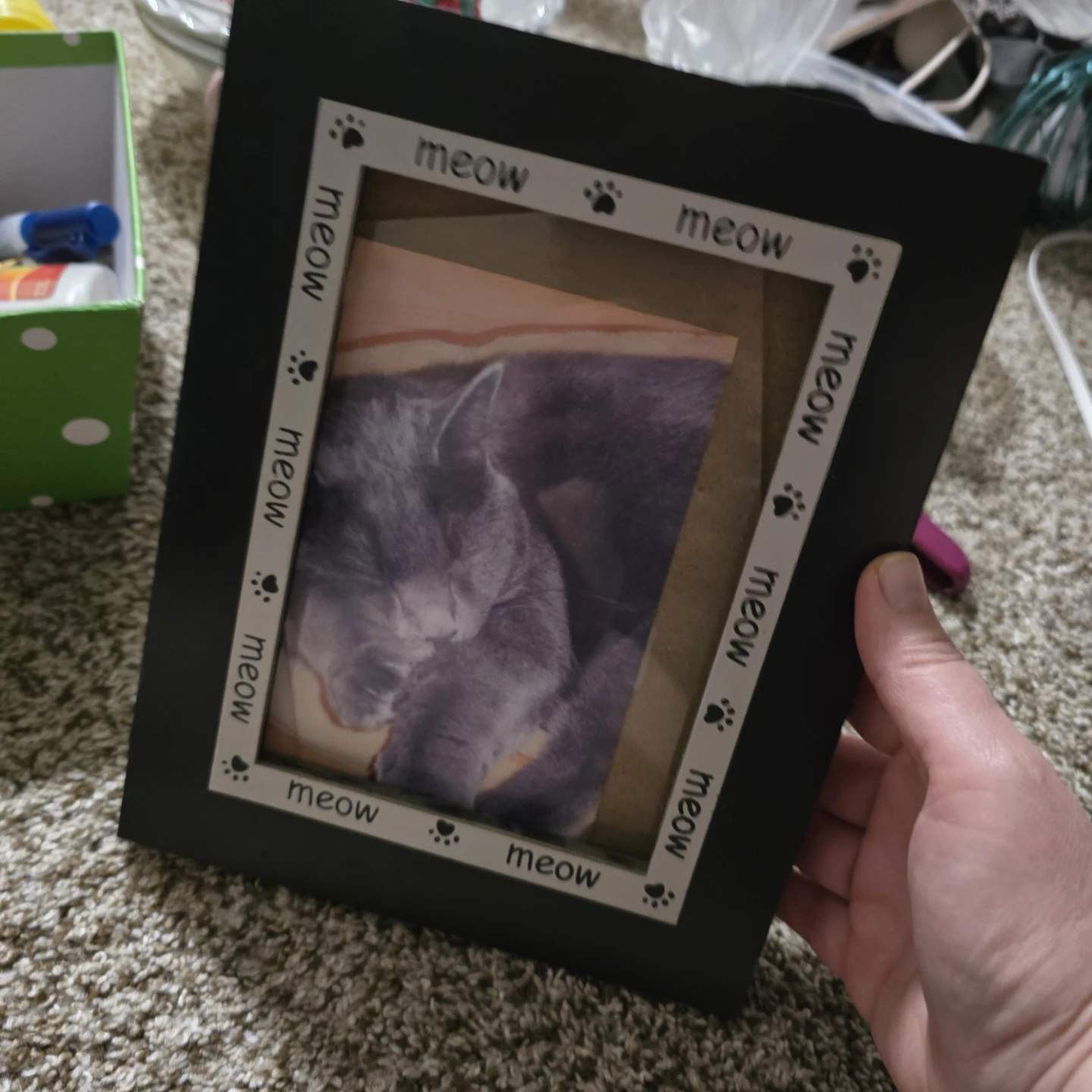Photo Frame with 'meow' and Paw Print Decor