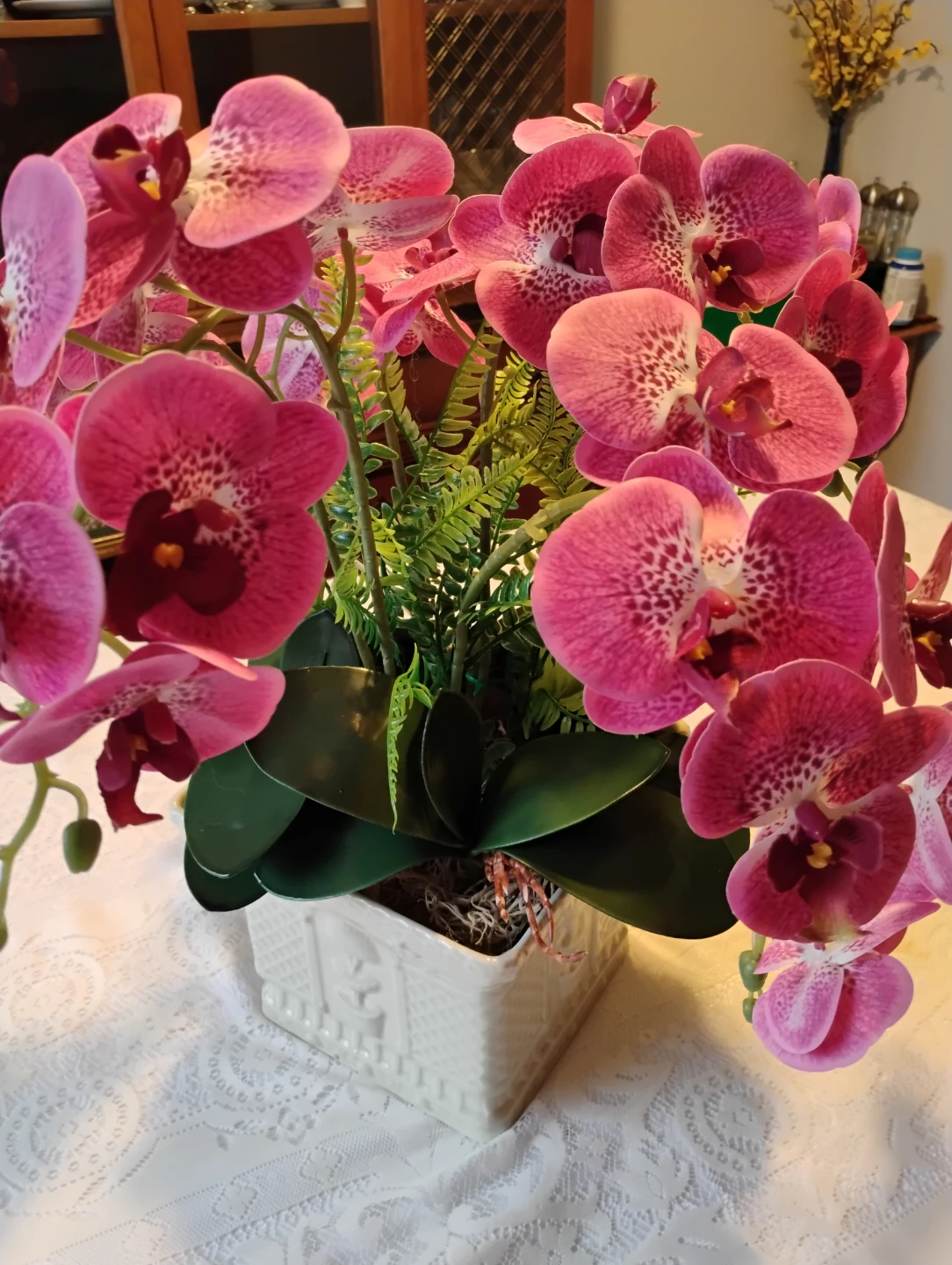 Artificial Pink Phaelanopsis Orchid ceramic vase