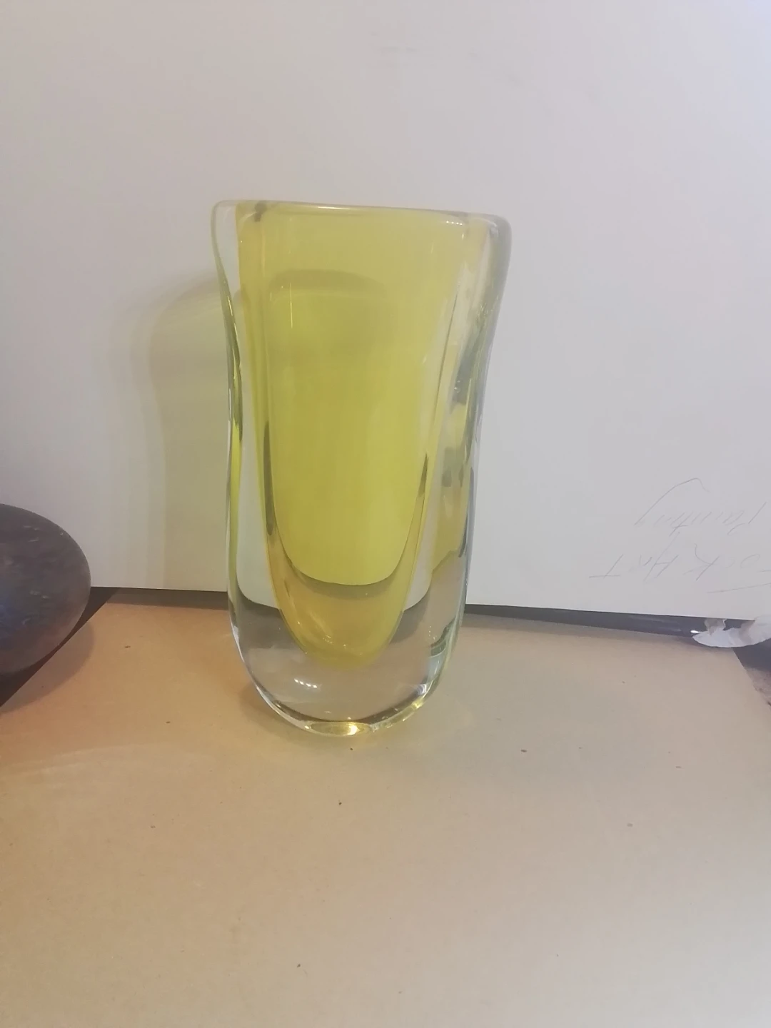 Thick Vintage Clear + Yellow Art Glass Vase 10"